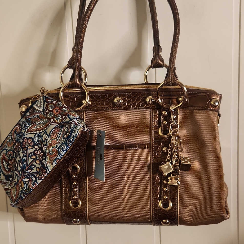 NWT Brown Tan Canvas Satchel Medium Size Bag. Kathy Bag. W/ Charms.Make-up Bag